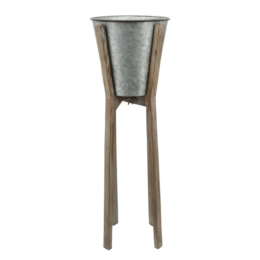 Metal S/3 11/12/13" Round Planters W/ Wood Stand,