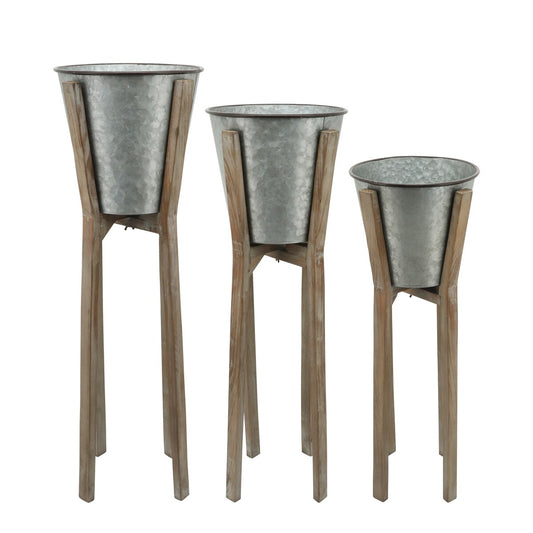 Metal S/3 11/12/13" Round Planters W/ Wood Stand,