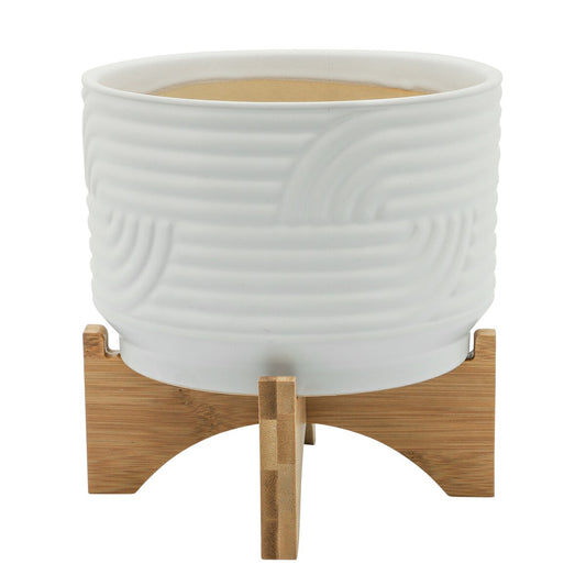 Cer, 7" Abstract Planter On Stand, White