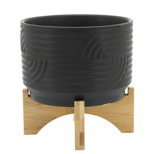 Cer, 7" Abstract Planter On Stand, Black